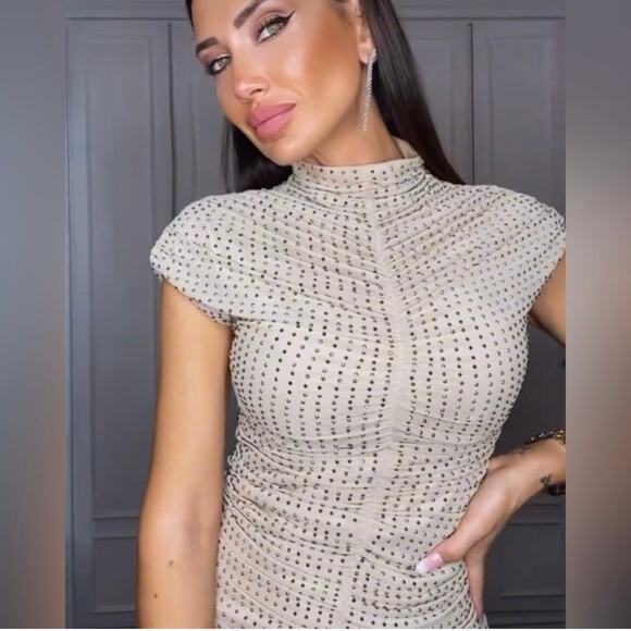 ZARA RHINESTONE RUCHED NUDE BEIGE MINI DRESS 7901/217 - Picture 2 of 14